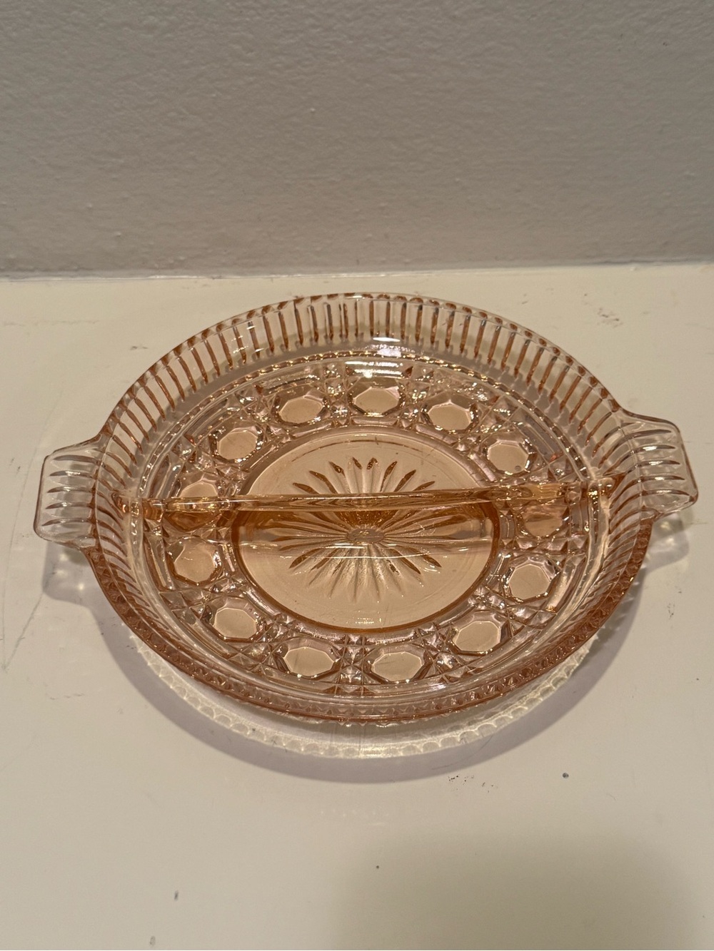 Vintage Indiana Glass Windsor Pink Cane & Button Pattern Divided Relish Dish